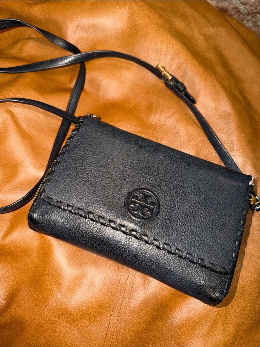 Tory Burch Black Leather Whipstitch Crossbody
